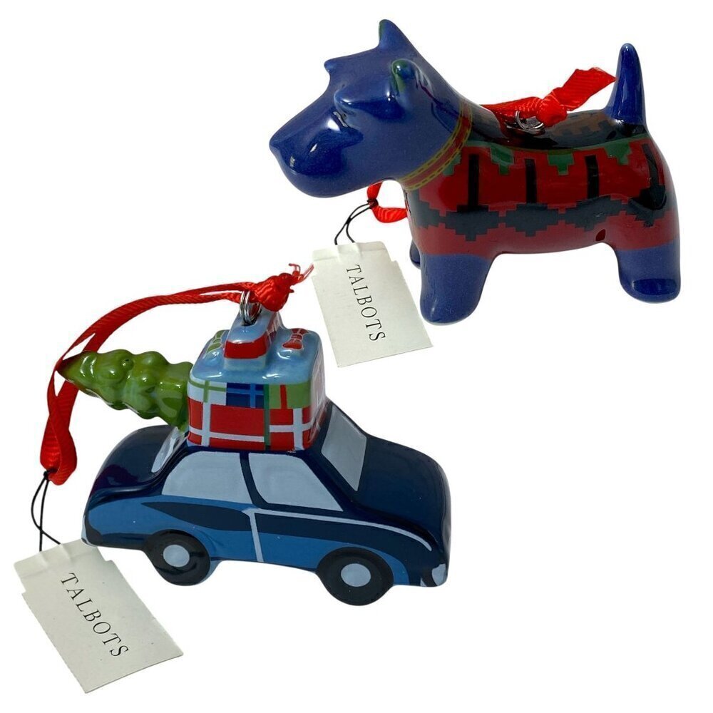 TALBOTS Christmas Ornaments Holiday Car and Dog Ceramic NWT